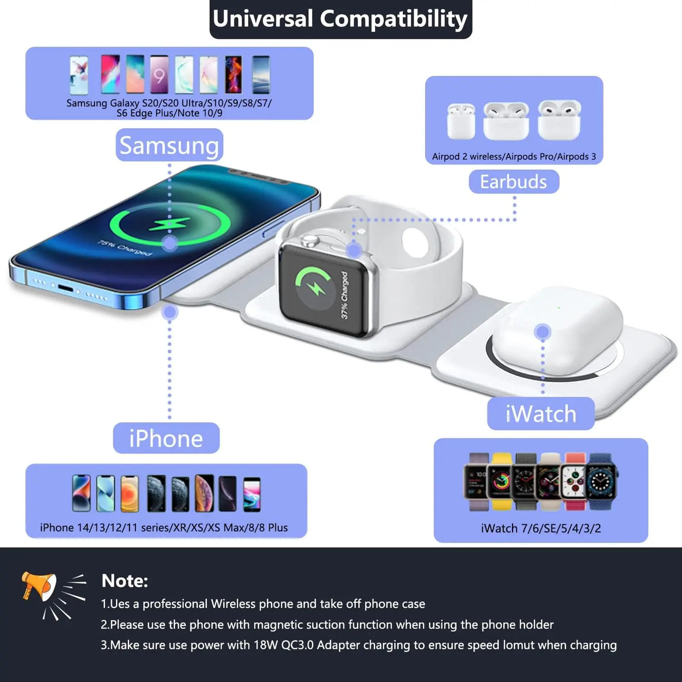 3 in 1 Foldable Wireless Charger for Multiple Apple Devices Charging,for iPhone 15/14/13/12/11,AirPods 3/2/Pro,iWatch