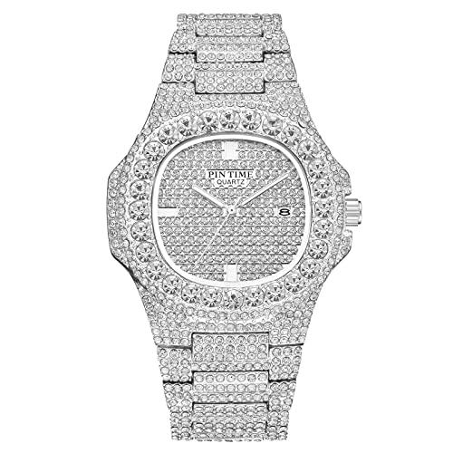 PINTIME Mens Diamond Watches Luxury Unisex Silver Gold Iced-Out Bling CZ Crystal Fashion Quartz Womens Watch