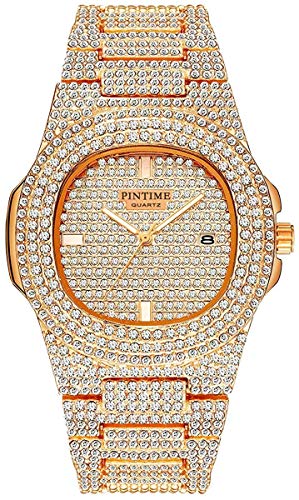 PINTIME Mens Diamond Watches Luxury Unisex Silver Gold Iced-Out Bling CZ Crystal Fashion Quartz Womens Watch