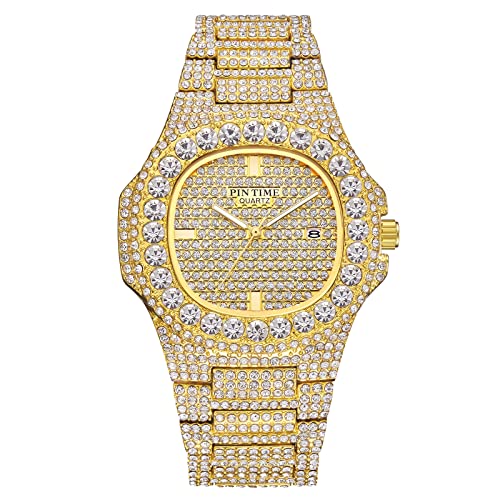 PINTIME Mens Diamond Watches Luxury Unisex Silver Gold Iced-Out Bling CZ Crystal Fashion Quartz Womens Watch