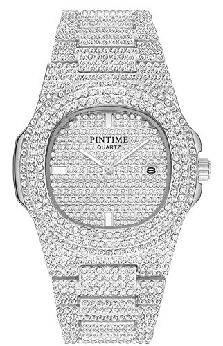 PINTIME Mens Diamond Watches Luxury Unisex Silver Gold Iced-Out Bling CZ Crystal Fashion Quartz Womens Watch