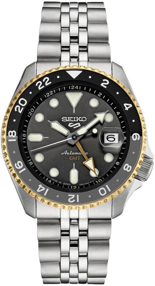 SEIKO SSK021 Automatic Watch for Men - 5 Sports Collection - Men's Sport Watch, Stainless Steel, Charcoal Dial, GMT Hand - Water-Resistant 100M