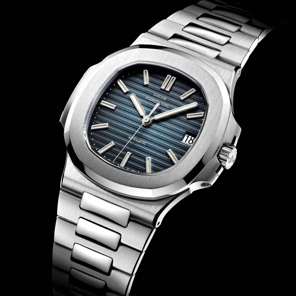 Lgxige Men’s Automatic Water Resistant Watch, Luminous Luxury Stainless Steel Blue Dial Patek Style Mens Watch