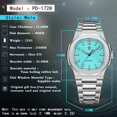 LACZ DENTON Pagani Design PD1728 Mens Automatic Watches Full Stainless Steel Waterproof 100M Watches for Men Men Mechanical Wristwatches