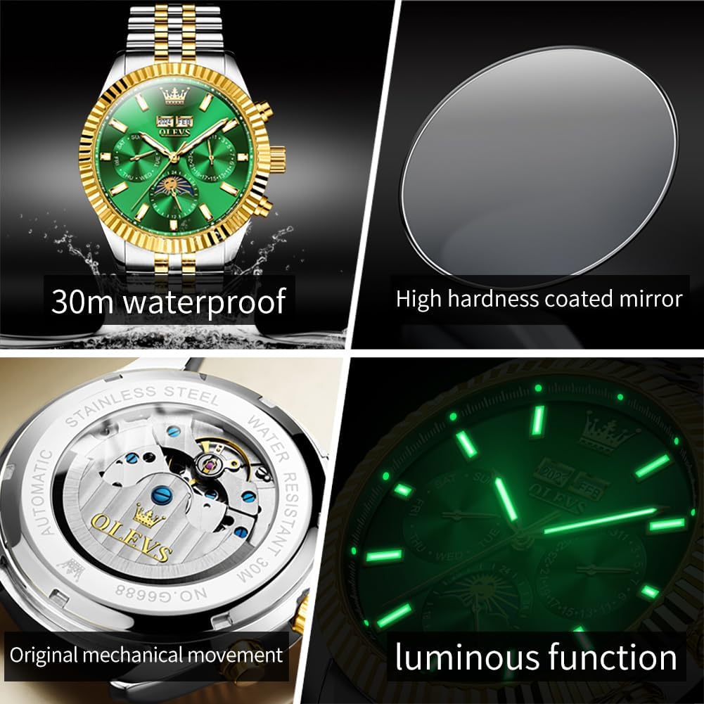 OLEVS Men Watches Automatic Luxury Classic Dress Years/Moon/Date/Moon Phases Waterproof Luminous Self Winding Watches for Men