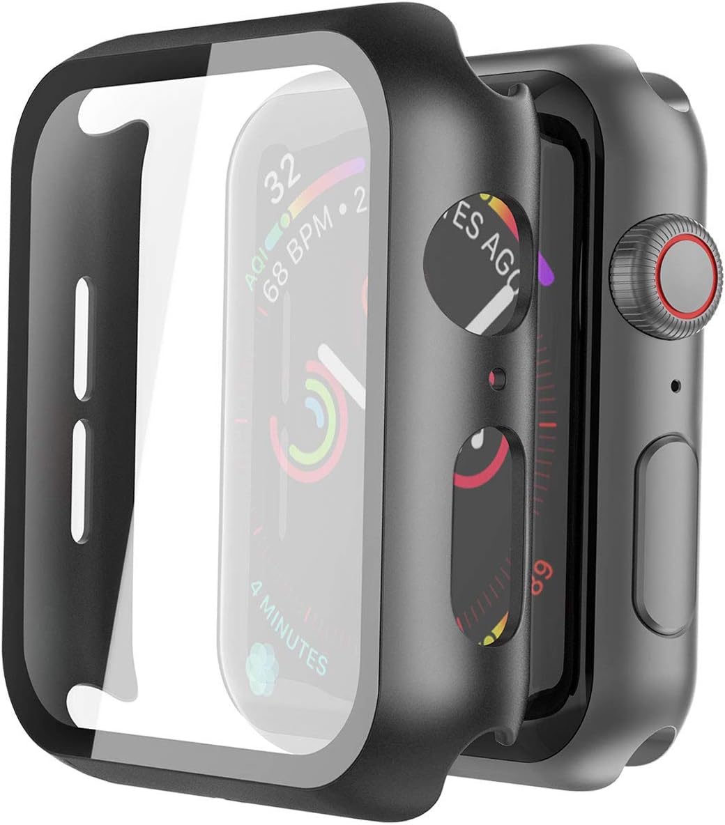 Misxi 2 Pack Hard PC Case with Tempered Glass Screen Protector Compatible with Apple Watch SE 2 (2024) SE Series 6 Series 5 Series 4 44mm, Black