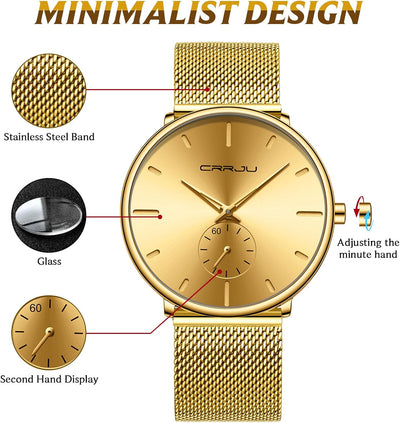 Mens Watches Ultra-Thin Minimalist Waterproof - Fashion Wrist Watch for Men Unisex Dress with Stainless Steel Mesh Band