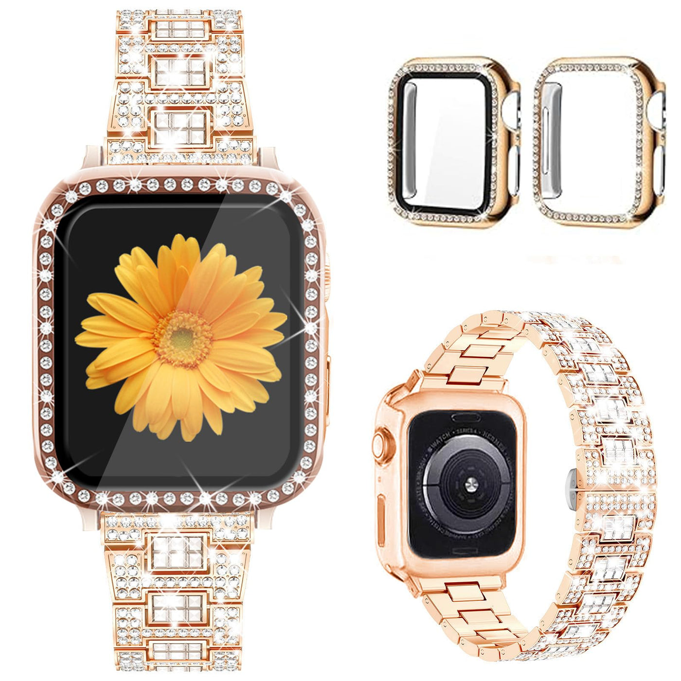 Mesime Compatible for Apple Watch Band with Screen Protector Case, Jewelry Replacement Bands 46mm 45mm 44mm 42mm 41mm 40 mm 38mm 2 Pack Bling Protective Cover for iWatch Series 10/9/8/7/6/5/4/3/2/1/SE Women