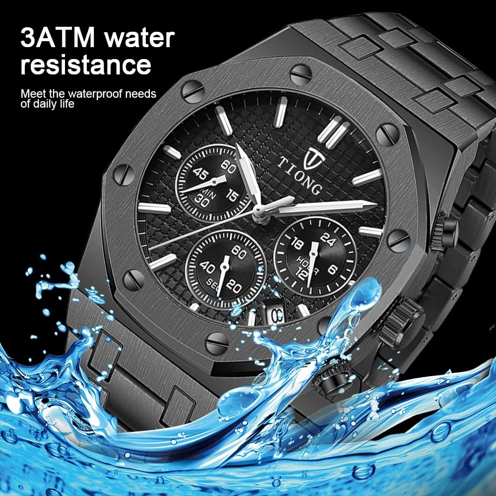 Tiong Mens Watches Chronograph Stainless Steel Waterproof Date Analog Quartz Watch Business Casual Fashion Wrist Watches for Men