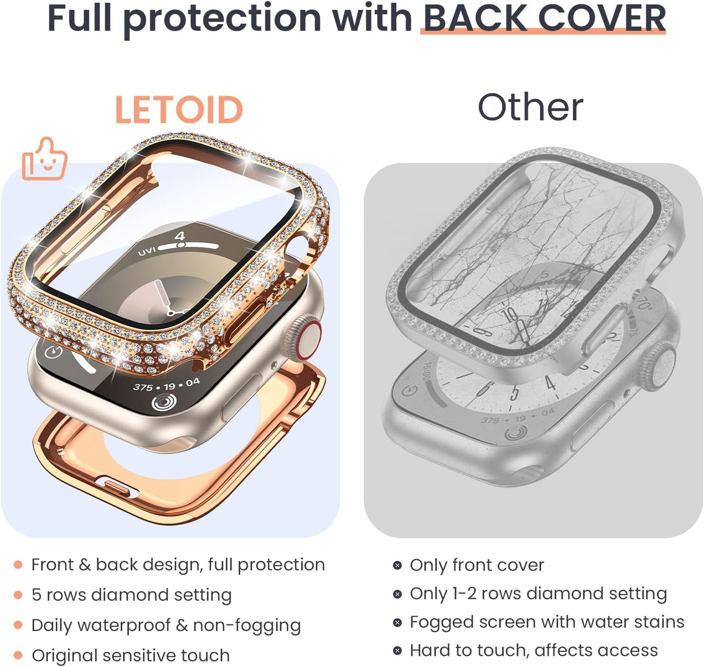 [2-in-1] LETOID Waterproof Case for Apple Watch Screen Protector Series 9 8 7 41mm, Women Bling Diamond Front Hard Glass Protective Case with Back Bumper Cover Accessories for iWatch