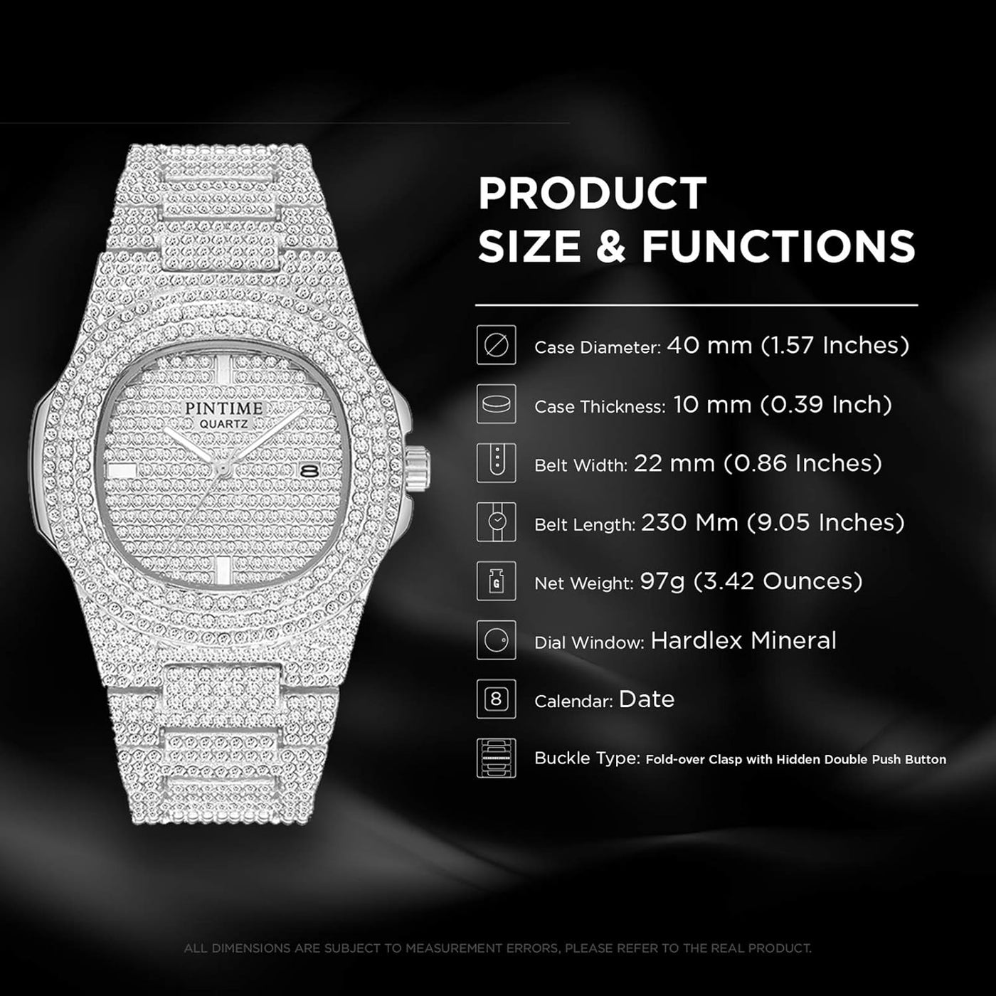 PINTIME Mens Diamond Watches Luxury Unisex Silver Gold Iced-Out Bling CZ Crystal Fashion Quartz Womens Watch