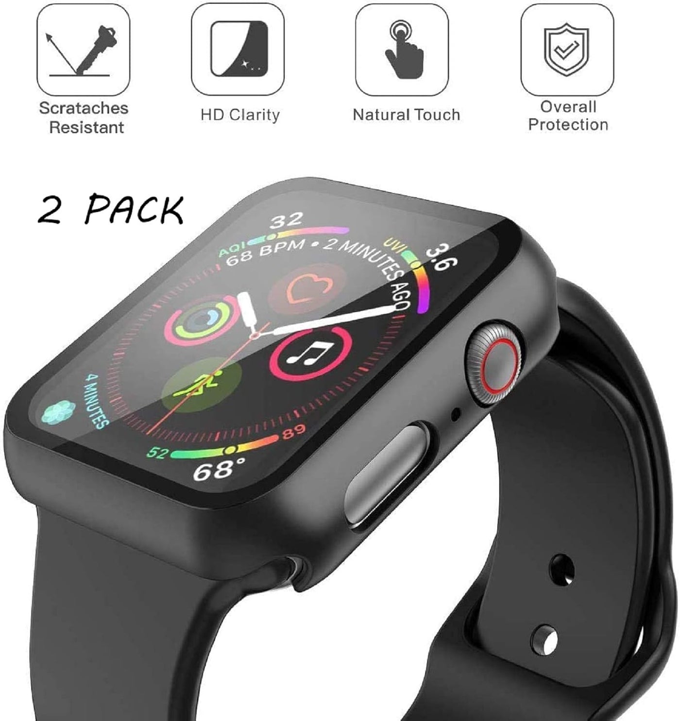 Misxi 2 Pack Hard PC Case with Tempered Glass Screen Protector Compatible with Apple Watch SE 2 (2024) SE Series 6 Series 5 Series 4 44mm, Black