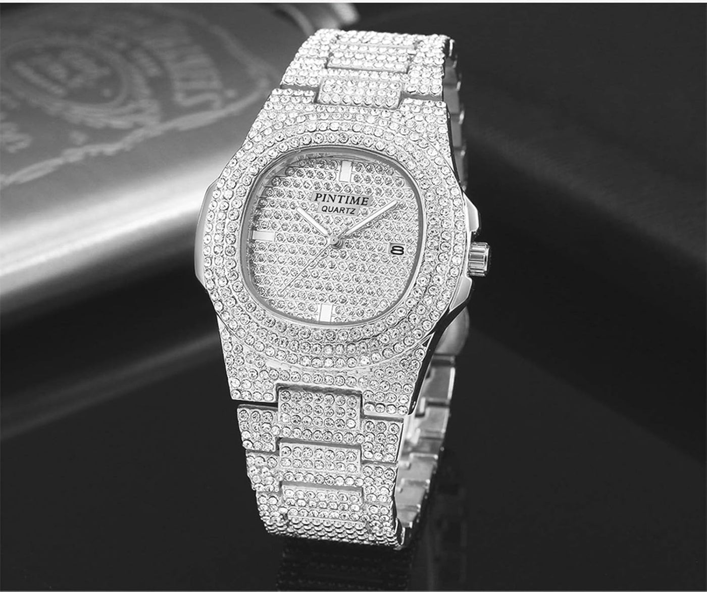 PINTIME Mens Diamond Watches Luxury Unisex Silver Gold Iced-Out Bling CZ Crystal Fashion Quartz Womens Watch