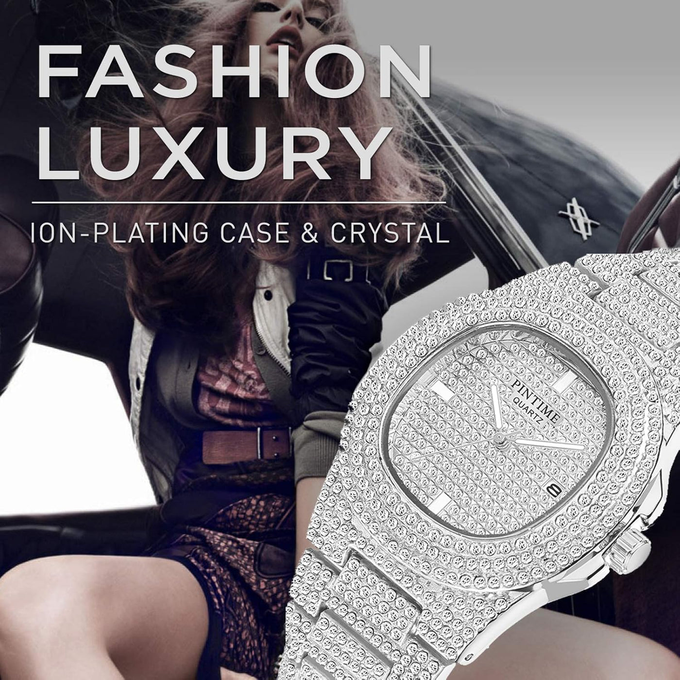 PINTIME Mens Diamond Watches Luxury Unisex Silver Gold Iced-Out Bling CZ Crystal Fashion Quartz Womens Watch