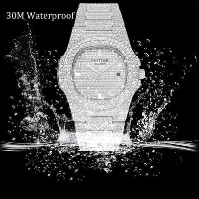 PINTIME Mens Diamond Watches Luxury Unisex Silver Gold Iced-Out Bling CZ Crystal Fashion Quartz Womens Watch