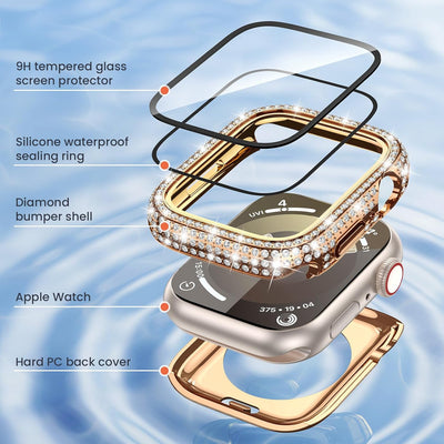 [2-in-1] LETOID Waterproof Case for Apple Watch Screen Protector Series 9 8 7 41mm, Women Bling Diamond Front Hard Glass Protective Case with Back Bumper Cover Accessories for iWatch