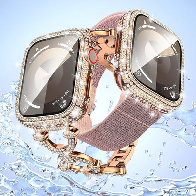 [2-in-1] LETOID Waterproof Case for Apple Watch Screen Protector Series 9 8 7 41mm, Women Bling Diamond Front Hard Glass Protective Case with Back Bumper Cover Accessories for iWatch