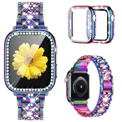 Mesime Compatible for Apple Watch Band with Screen Protector Case, Jewelry Replacement Bands 46mm 45mm 44mm 42mm 41mm 40 mm 38mm 2 Pack Bling Protective Cover for iWatch Series 10/9/8/7/6/5/4/3/2/1/SE Women