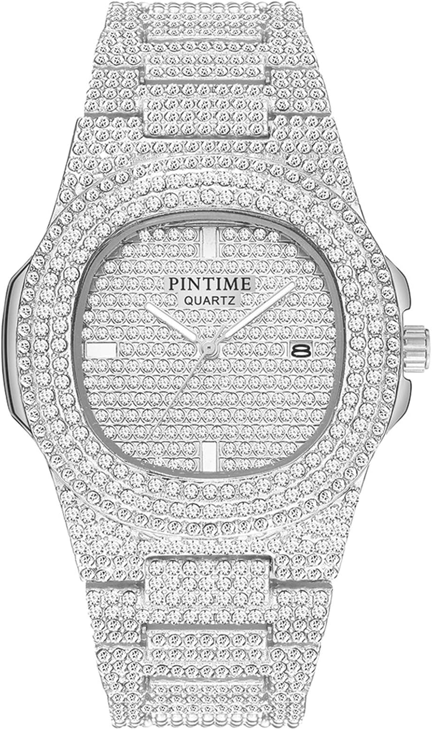 PINTIME Mens Diamond Watches Luxury Unisex Silver Gold Iced-Out Bling CZ Crystal Fashion Quartz Womens Watch