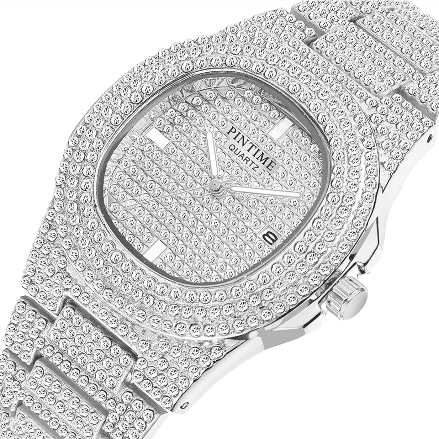 PINTIME Mens Diamond Watches Luxury Unisex Silver Gold Iced-Out Bling CZ Crystal Fashion Quartz Womens Watch