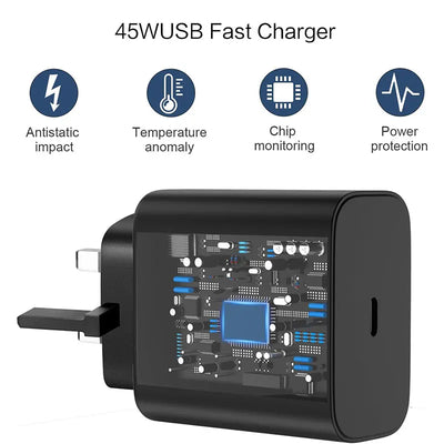 For Samsung 45W UK Plug Super Fast Charger Adapter For Galaxy S24 S20 S21 S22 S23 Ultra Z Flip Fold 6 5 4 3 2 For iPhone 15 Pro