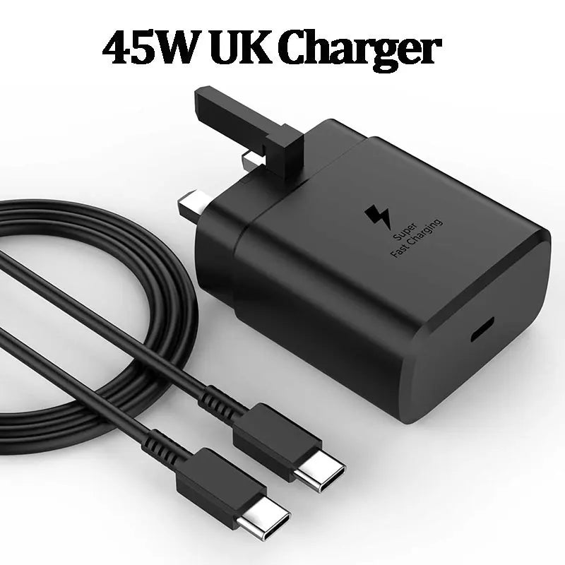 For Samsung 45W UK Plug Super Fast Charger Adapter For Galaxy S24 S20 S21 S22 S23 Ultra Z Flip Fold 6 5 4 3 2 For iPhone 15 Pro