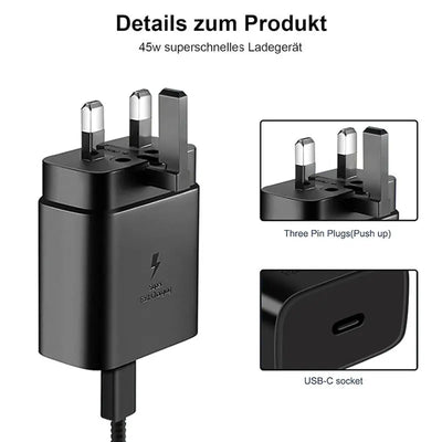 For Samsung 45W UK Plug Super Fast Charger Adapter For Galaxy S24 S20 S21 S22 S23 Ultra Z Flip Fold 6 5 4 3 2 For iPhone 15 Pro