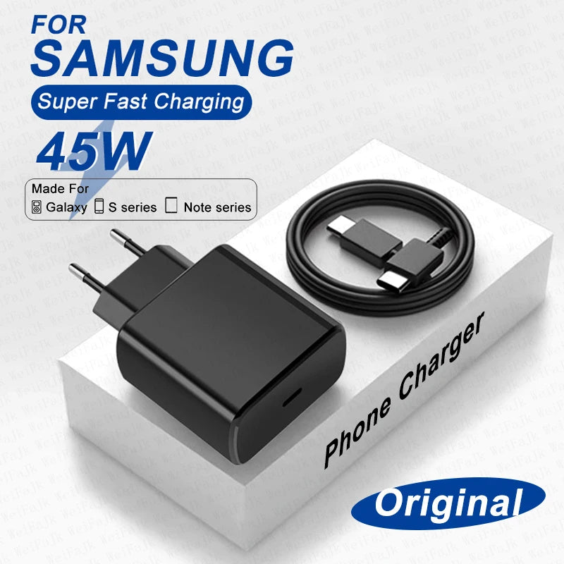 Original PD 45W Charger For Samsung Galaxy S22 S23 S21 S20 Ultra S10 Note 10+ 5G Plus A53 USB Type C Super Fast Charging Cable