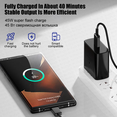 Original PD 45W Charger For Samsung Galaxy S22 S23 S21 S20 Ultra S10 Note 10+ 5G Plus A53 USB Type C Super Fast Charging Cable