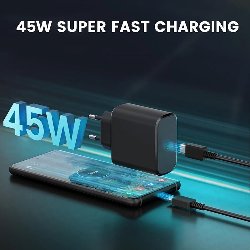 Original PD 45W Charger For Samsung Galaxy S22 S23 S21 S20 Ultra S10 Note 10+ 5G Plus A53 USB Type C Super Fast Charging Cable