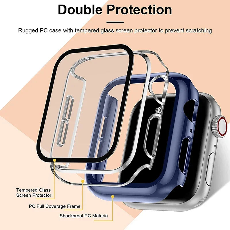 Tempered Glass+Cover For Apple Watch 9 8 7 45mm 41mm PC Bumper Screen Protector Case iWatch Series 7 6 5 4 SE2 44mm 40mm 42mm 38